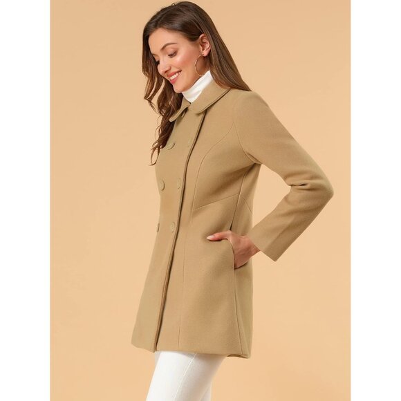 Women's Khaki Peter Pan Collar Double Breasted Winter Long Trench Pea Coat - Picture 4 of 5